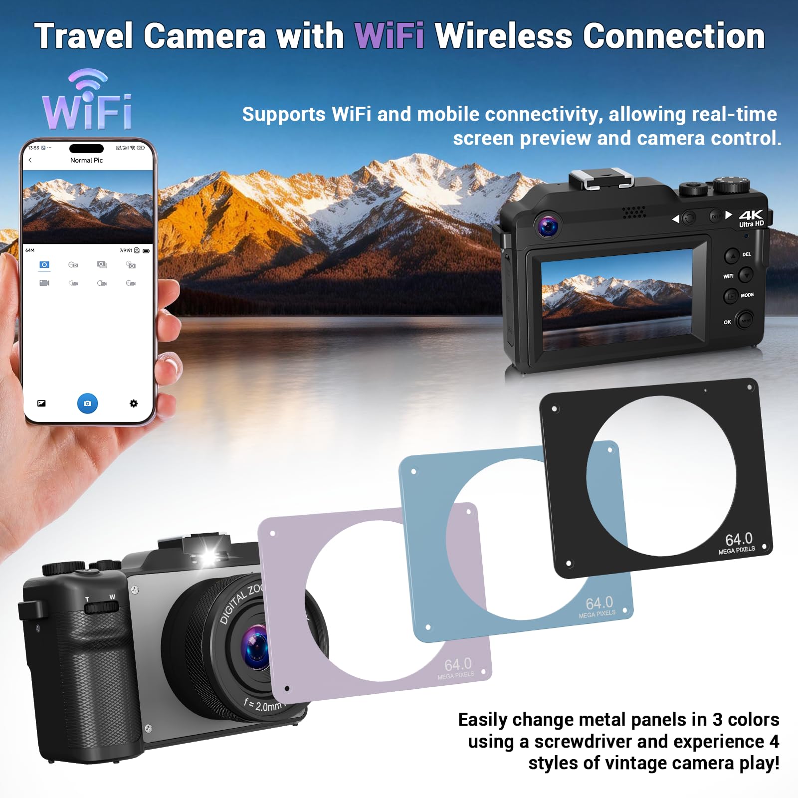 Amazon | 写真撮影用デジタルカメラ、4K 64MP、自撮りレンズ&20倍